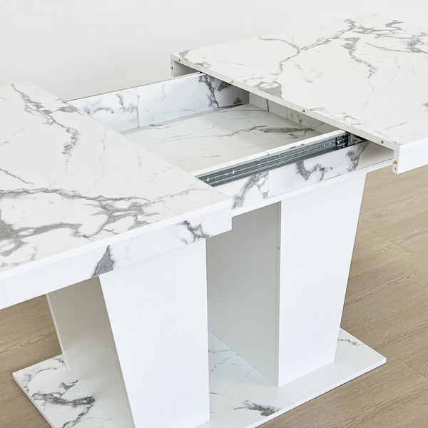 English Elm Extendable Faux Marble Dining Table with V-Legs — Sleek Expandable Conference & Kitchen Centerpiece for 6–10 White Marble W1347S00008