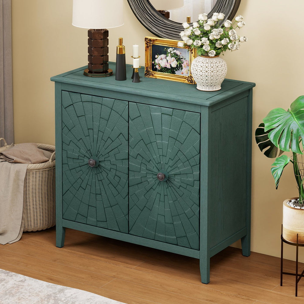 English Elm Geometric Diamond Embossed Sideboard Cabinet Matte Vintage Mdf Entryway Storage Green W688P364740