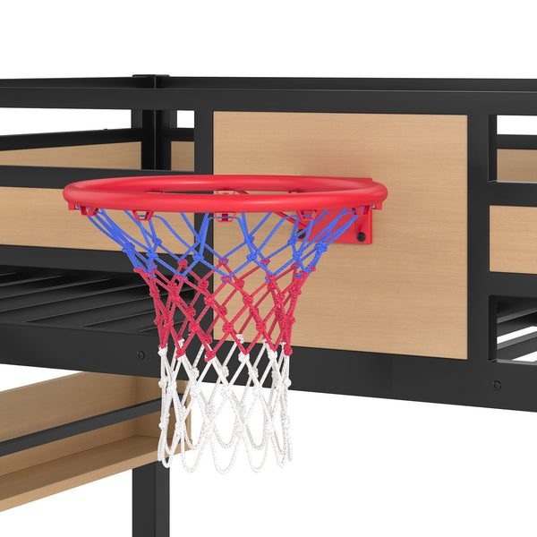English Elm Twin Metal Loft Bed with Slide Basketball Hoop Climbing Wall and Built-in Shelves W1580S00631