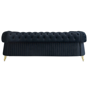 English Elm 89''W Chesterfield Modern Tufted Velvet Sofa with Pocket Springs, Gold Trim & Removable Cushions Black W579S00038