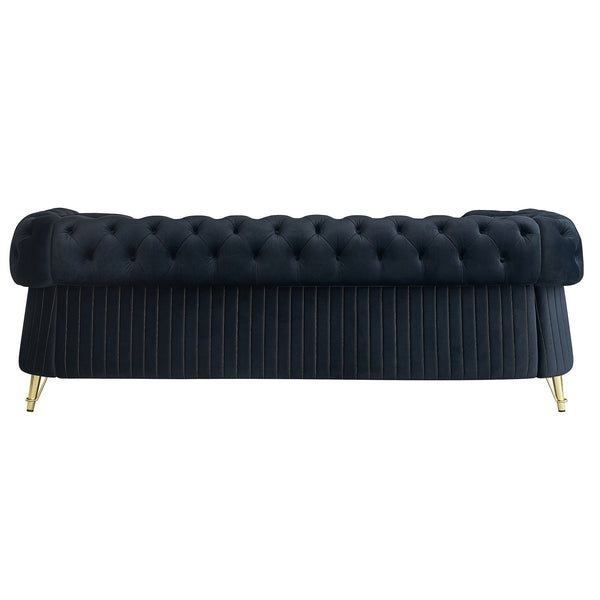 English Elm 89''W Chesterfield Modern Tufted Velvet Sofa with Pocket Springs, Gold Trim & Removable Cushions Black W579S00038