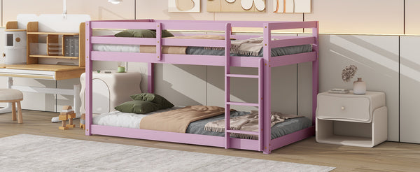 English Elm Solid Twin over Twin Floor Bunk Bed Pink – Solid Rubberwood Low-Height Platform with Ladder, Sturdy Slats, 200lb Capacity and Versatile Under-Bed Space for Kids Rooms (46.6"H x 77.3"L) W504P208048