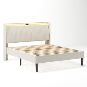 English Elm Queen Platform Bed Upholstered Headboard Wooden Slats Usb Charging Ports Bedroom W2889P272596