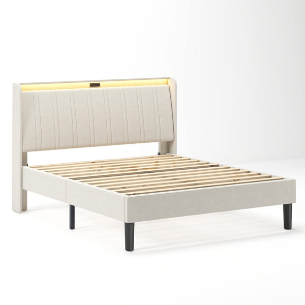 English Elm Queen Platform Bed Upholstered Headboard Wooden Slats Usb Charging Ports Bedroom W2889P272596