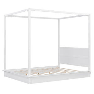 English Elm Queen LED Canopy Bed Frame White – Modern Platform Queen with Support Slats, No Box Spring Needed, Stylish Curtains-Friendly Design N708P292151K