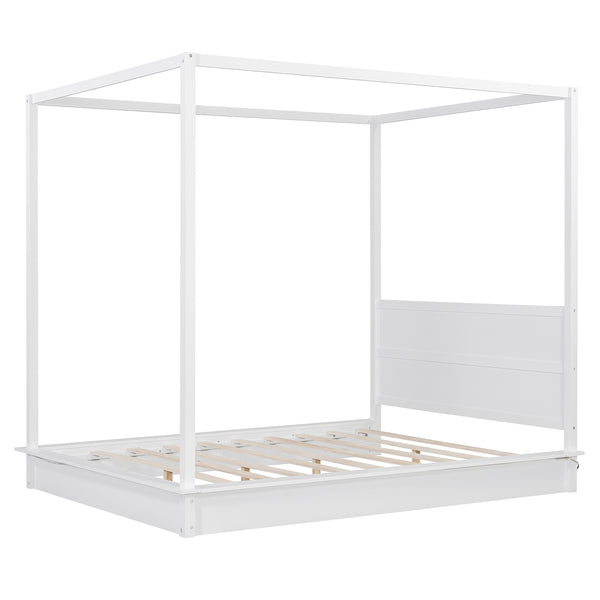 English Elm Queen LED Canopy Bed Frame White – Modern Platform Queen with Support Slats, No Box Spring Needed, Stylish Curtains-Friendly Design N708P292151K