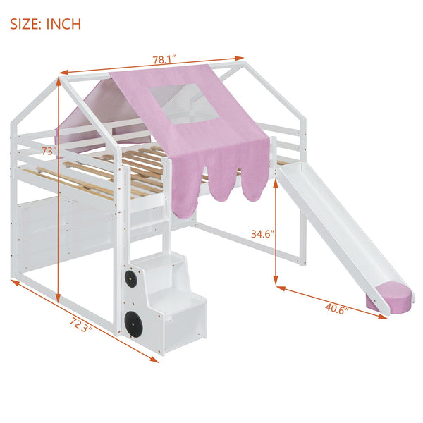 English Elm Full Size Kids House Loft Bed Pinewood Frame with Tent Slide and Play Storage White LT000683AAK