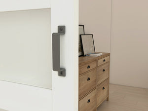 English Elm 30 in Matte Black Steel Sliding Barn Door Frosted Glass Privacy Panel with Hardware B2763P483232