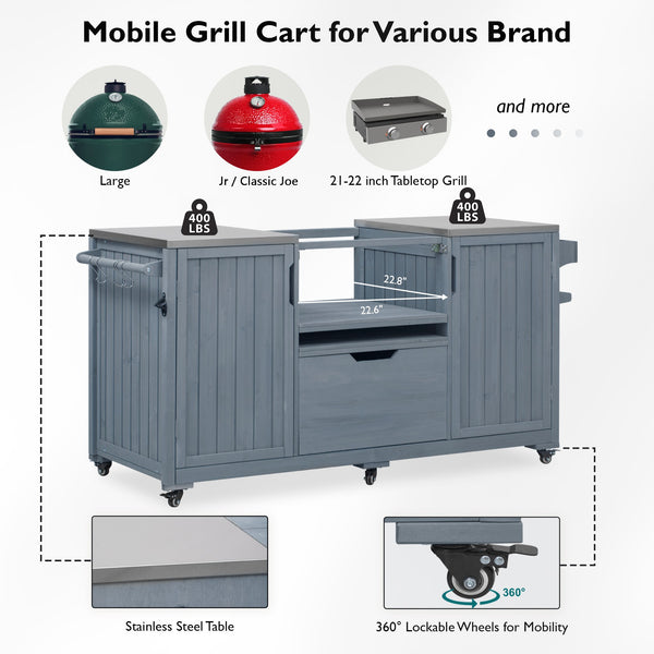 English Elm K&K 66.5" Outdoor Kitchen Island with 1.2" Stainless Steel Top, Ample Storage, Wheels & Bottle Opener Grey+Blue N707P250629G