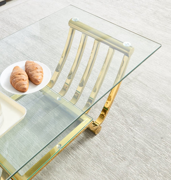 English Elm 47" Modern Rectangle Coffee Table With Double-Layer Glass Shelves, Stylish Gold Frame & Storage Solution W2978S00013