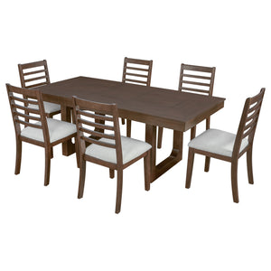 English Elm 7 Piece Farmhouse Dining Set Oak Veneer Extendable Table Six Upholstered Chairs Beige,Walnut N752S000090D-1