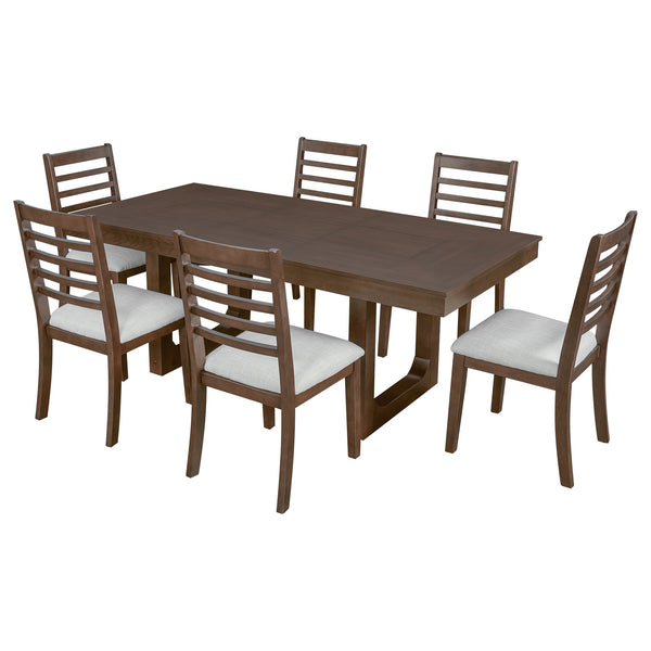 English Elm 7 Piece Farmhouse Dining Set Oak Veneer Extendable Table Six Upholstered Chairs Beige,Walnut N752S000090D-1