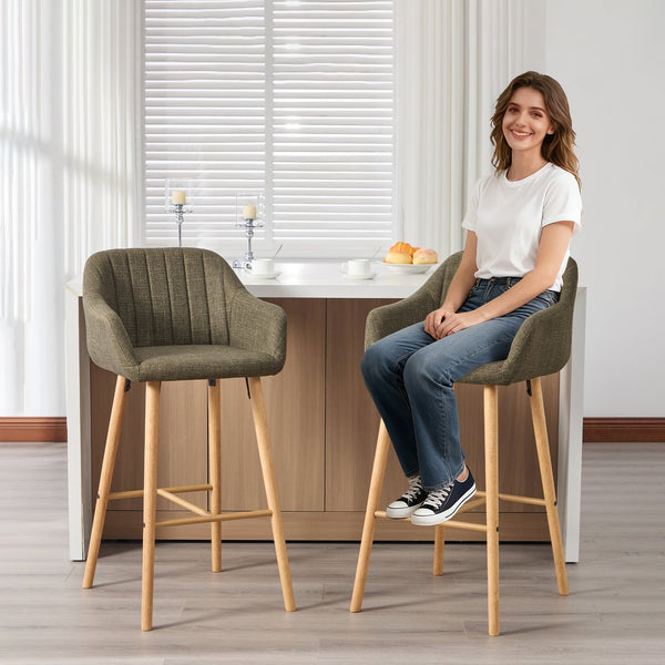 English Elm Modern Linen Upholstered Barstools with Oak Legs Armrests and Footrest for Kitchen Islands Green W395P396315