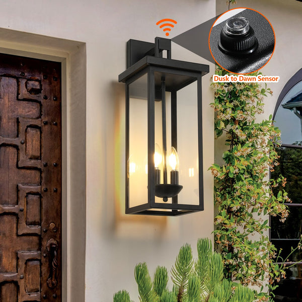 English Elm 2-Pack Outdoor Wall Lanterns 22" with Dusk-to-Dawn Sensor, Matte Black Aluminum, Clear Glass Panels W2312P374779