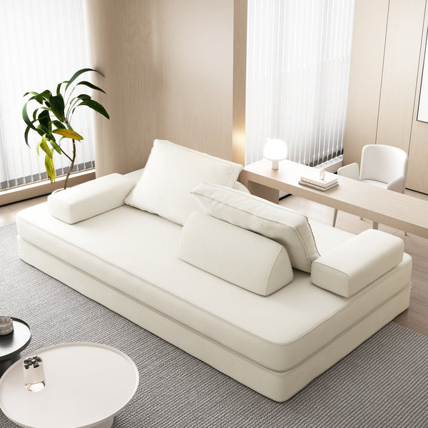 English Elm 86.6"Multifunctional Folding Sofa Bed with Chaise, Fluffy Chenille, Removable Backs & Pillows, Deep Seat Lounge Beige W3219P340665
