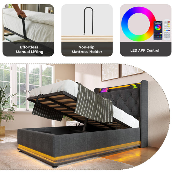 English Elm Twin Upholstered Bed with Hydraulic Storage, Surround LED, App/Remote Control & USB Type-C Charging Gray N736P188805G