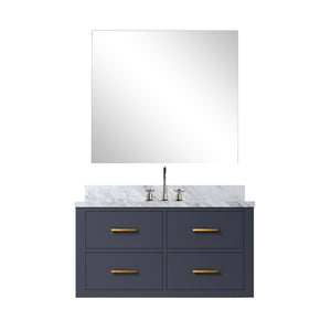English Elm Blue Single-Sink Vanity Set With Carrara Marble Top, Chrome Faucet & Frameless Mirror – Stylish Elegance B2731S01984