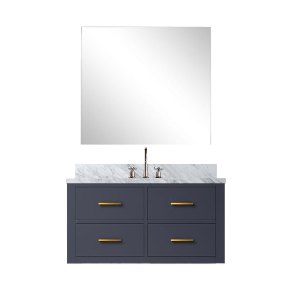 English Elm Blue Single-Sink Vanity Set With Carrara Marble Top, Chrome Faucet & Frameless Mirror – Stylish Elegance B2731S01984