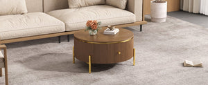 English Elm Modern Round Coffee Table with Gold Legs Two Drawers Brown Mdf Living Room N735P338995D
