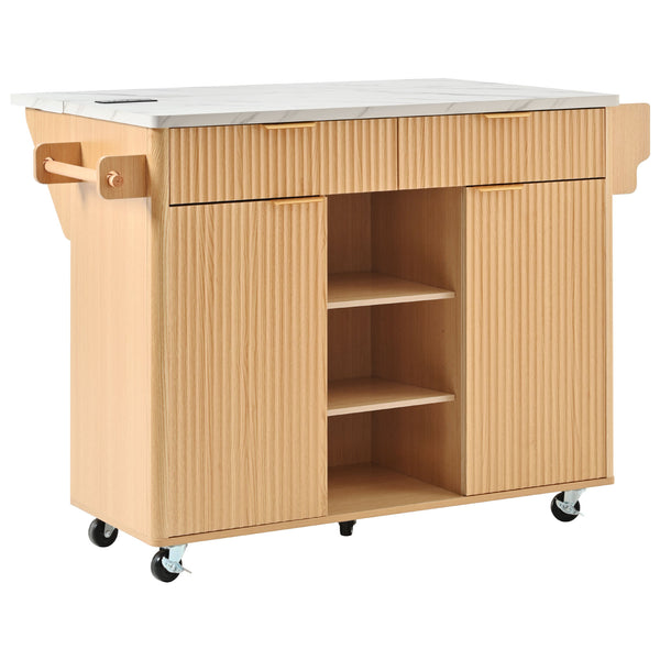 English Elm K&k Fluted Rolling Kitchen Island Faux Marble Top Power Outlet Drop Leaf Storage Natural N707S000019Y