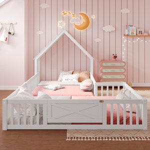 English Elm Full Full Size House Floor Bed with Door & Guardrails, Solid Wood Playful Design for Kids, Safe and Durable White W1580P327130