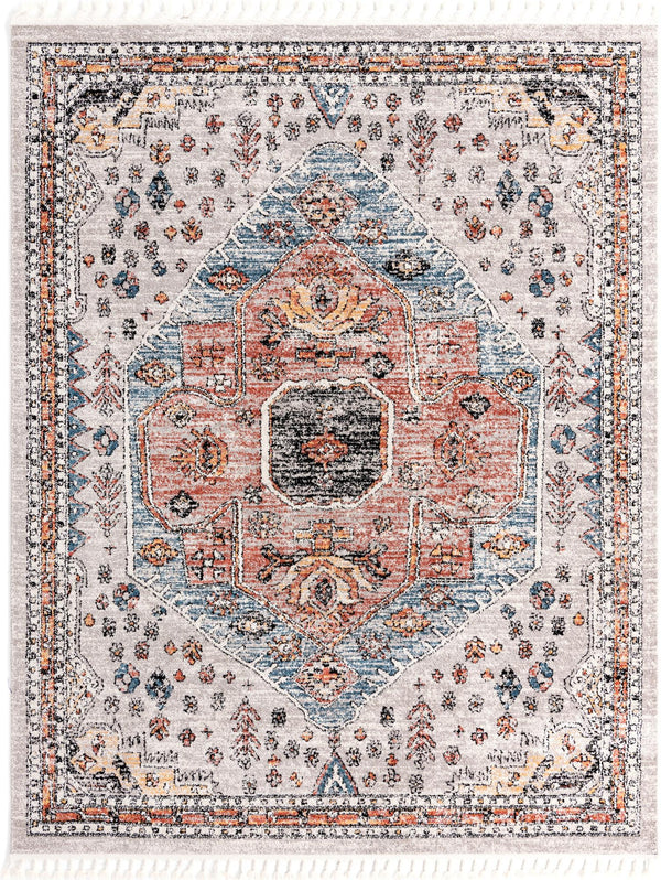 Unique Loom Aramis Victor Machine Made Tribal Rug Gray, Black/Ivory/Rust Red/Terracotta/Light Blue 7' 10" x 10' 0"