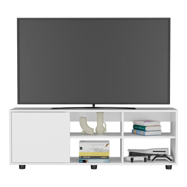 English Elm Roseland White TV Stand with Sliding Door, 4 Open Shelves, Engineered Wood, Modern Minimalist Design B092P269938