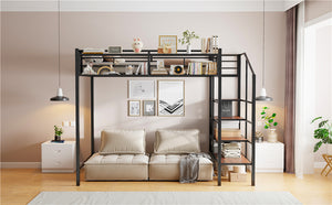 English Elm Twin Metal Loft Bed with Upper Grid Storage Shelf and 4-Layer Ladder Shelves for Space Saving Black SF100081AAB