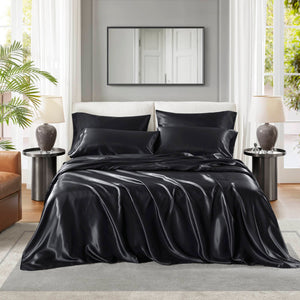 English Elm 7 Luxury Split King 7-Piece Black Satin Sheet Set – 100% Polyester, Deep Pockets, Silky Smooth Feel B035P319698