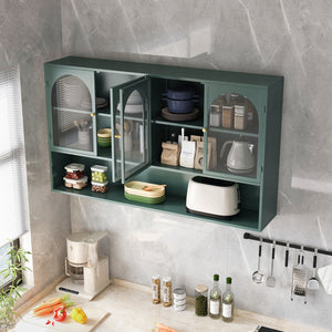 English Elm 47.25" Four-door Glass Wall Cabinet Storage - Dark Green Iron & Tempered Glass, Space-Saving Rustic Chic W757P250949