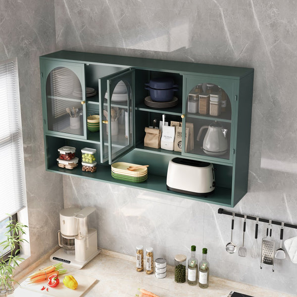 English Elm 47.25" Four-door Glass Wall Cabinet Storage - Dark Green Iron & Tempered Glass, Space-Saving Rustic Chic W757P250949