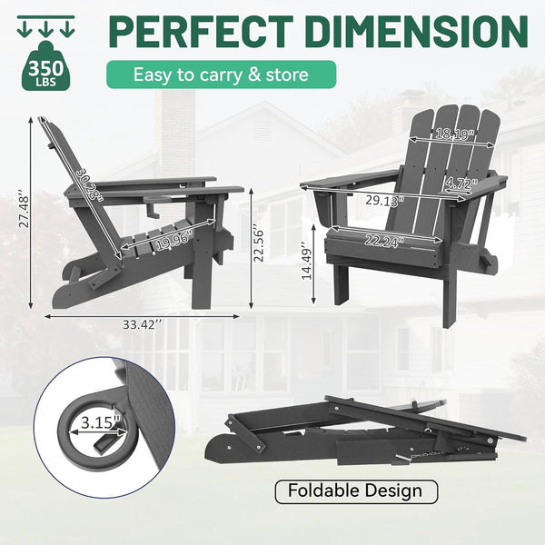 English Elm Adirondack Hdpe Folding Chair Set Outdoor Patio Fire Pit Seating with Cup Holder Gray W1859P453297