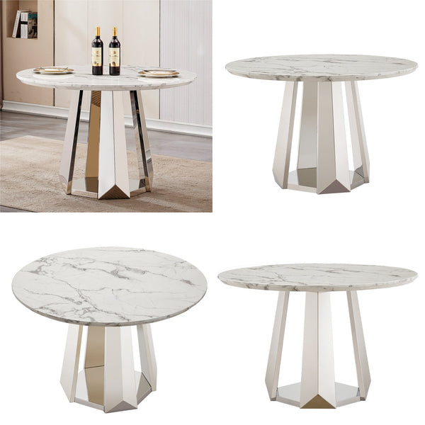 English Elm 47" Round Marble Dining Table - Modern High Gloss Faux Marble Top & Stainless Steel Base For Elegance W3456S00034