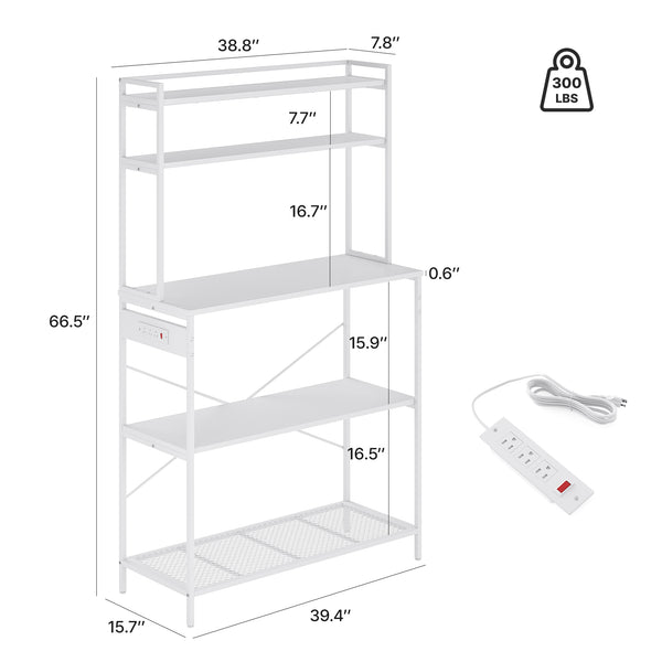 English Elm Large Five Tier Industrial Bakers Rack with Built in Outlets Microwave Stand Kitchen Organizer White T3623P431209