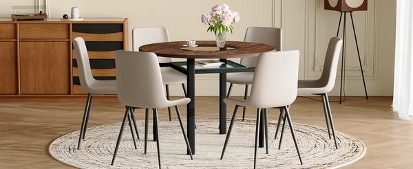 English Elm Table Set 42 Inch Round Wood Grain Glass Inlay with Six Tech-fabric Dining Chairs Brown+Black,Light Gray W1151S04484
