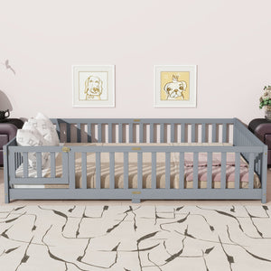 English Elm Queen Floor Bed with Safety Fence and Guardrails, Rubberwood Low Profile Platform for Kids Grey W504P286386