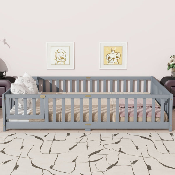 English Elm Queen Rubber Wood Floor Bed with Full Perimeter Safety Fence and Hinged Access Door Grey W504P429339