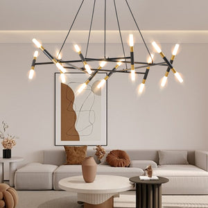 English Elm 41" Black & Golden Modern Chandelier — 20-Light Branch Pendant with Frosted Acrylic Tubes, Adjustable Height, G9 Bulbs W1340P233171