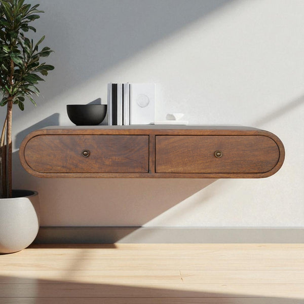 English Elm Floating Chestnut Console Table With 2 Drawers & Polished Knobs – Modern Wall-Mounted Elegance B182P166535