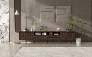 English Elm 78 Inch Walnut Media Console with Slatted Doors Iron Legs and Cable Management N710P373605Q