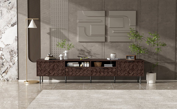 English Elm 78 Inch Walnut Media Console with Slatted Doors Iron Legs and Cable Management N710P373605Q