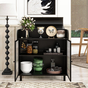 English Elm Modern Sideboard Buffet Cabinet Antique Black Steel Frame with Tempered Figured Glass Doors, Flip-Top Storage Console W3122P272901