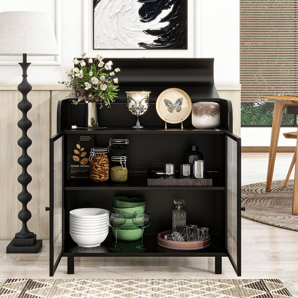 English Elm Modern Sideboard Buffet Cabinet Antique Black Steel Frame with Tempered Figured Glass Doors, Flip-Top Storage Console W3122P272901