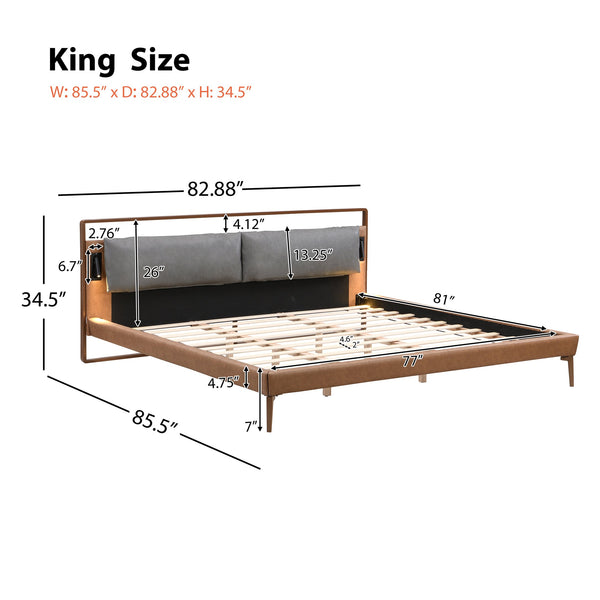 English Elm Christopher Knight Home® - Brown&Gray Leather King Bed With Adjustable Led Night Lights & Sturdy Support – Modern Elegance N758D536162D