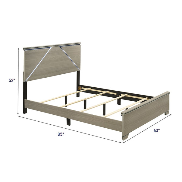 English Elm Modern Queen Size Bed with LED Headboard, Weathered Gray Wood Frame, Sturdy Legs, Easy Ship B2741P404874