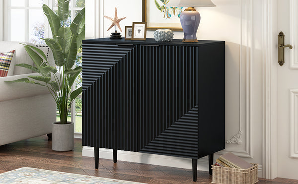 English Elm Mirod Lacquered Side Cabinet Geometric Door Panels Metal Legs Adjustable Interior Shelves Black N760P221050B