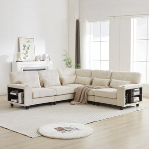 English Elm 102.75*102.75" L-Shaped Modular Sectional Sofa with Corduroy Upholstery, Storage Arm, Cup Holder, 5-Seat Convertible Lounge Beige W1926S00053