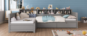 English Elm Twin Corner Daybed with Storage Drawers Bookshelf Wood L-shape Frame for Small Rooms Grey N733S369272E