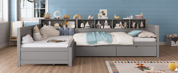 English Elm Twin Corner Daybed with Storage Drawers Bookshelf Wood L-shape Frame for Small Rooms Grey N733S369272E