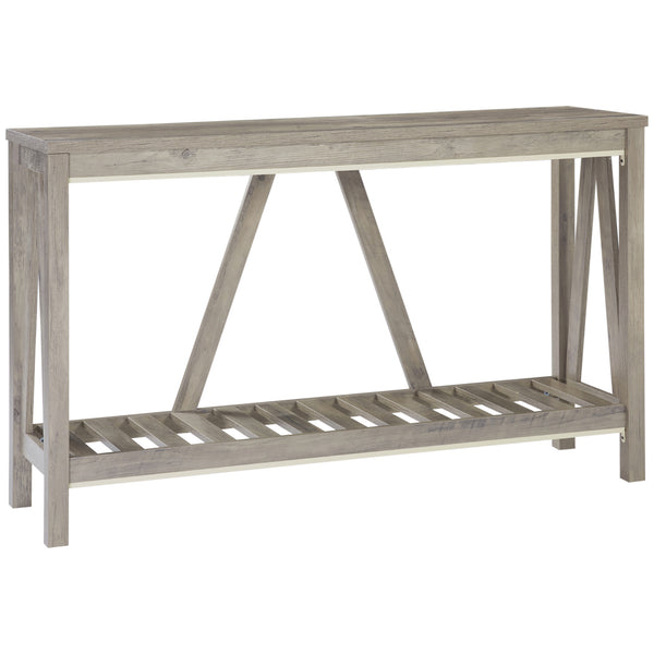English Elm HOMCOM Farmhouse Console Table with Slatted Shelf and Anti-Tip Hardware Rustic Entryway Accent Gray W2225P217211